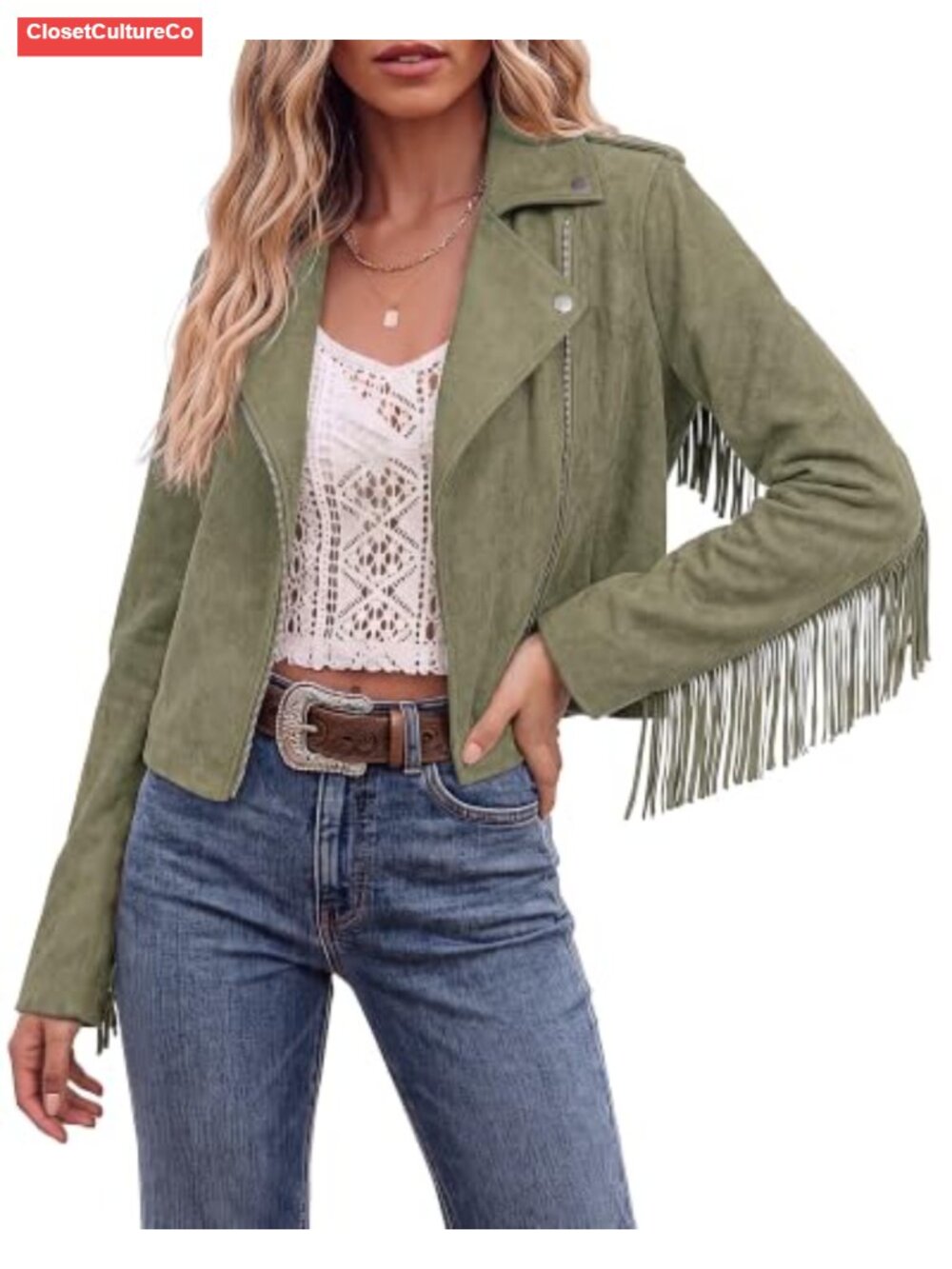 Faux Suede Fringe Cropped Jacket Zip Up Western Casual